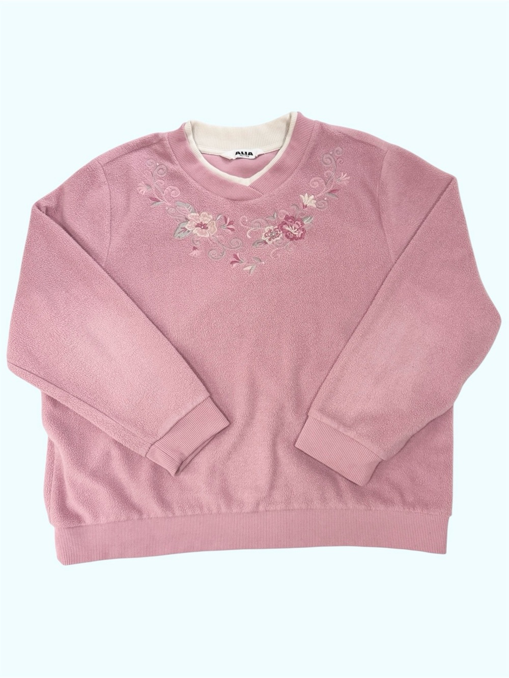 Vintage 90s Alia Double Neck Floral Embroidered Fleece Crewneck Cottagecore L